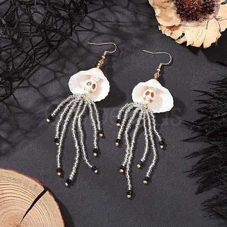 304 Stainless Steel Dyed Synthetic Turquoise & Natural Black Onyx & Glass Seed Beaded Dangle Earrings EJEW-MZ00530-02-1