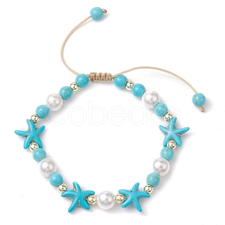 Adjustable Dyed Synthetic Turquoise & Shell Pearl Braided Bead Bracelets BJEW-JB10513-02-1