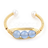 Natural Aquamarine Braided Oval Open Cuff Ring with Pearl Beaded RJEW-T026-11G-4