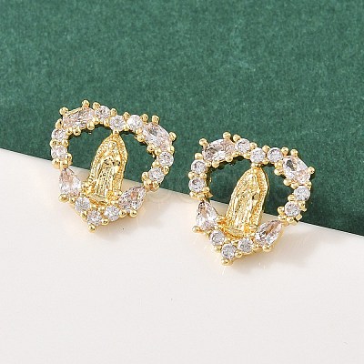 Brass Micro Pave Clear Cubic Zirconia Virgin Mary Stud Earrings EJEW-F400-23B-G-1