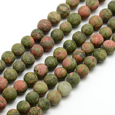 Natural Frosted Unakite Round Bead Strands G-M064-4mm-06-1