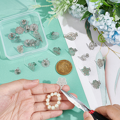 24Pcs 12 Style Filigree Flower & Flat Round & Teardrop 304 Stainless Steel Stud Earring Findings STAS-UN0047-98-1