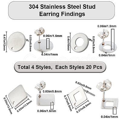 80Pcs 4 Styles Rhombus & Flat Round & Donut Stainless Steel Stud Earring Findings STAS-SC0006-59-1