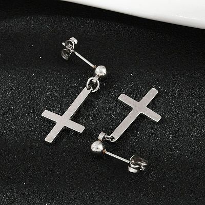 Christian Upside Down Cross 201 Stainless Steel Dangle Stud Earrings LS-EJEW-P314-01A-P-1