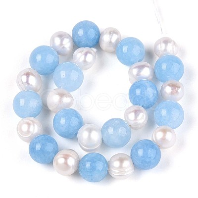 Dyed Natural White Jade Round & Natural Cultured Freshwater Pearl Grooved Potato Beads Strands PEAR-N019-01-1