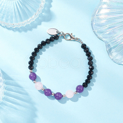 Natural Rose Quartz & Glass Round Beaded Bracelets for Women BJEW-JB12210-02-1