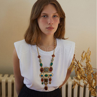 Oval Square Baroque Style Alloy & Colorful Resin Statement Bib Necklaces FS-WG6C445-01-1