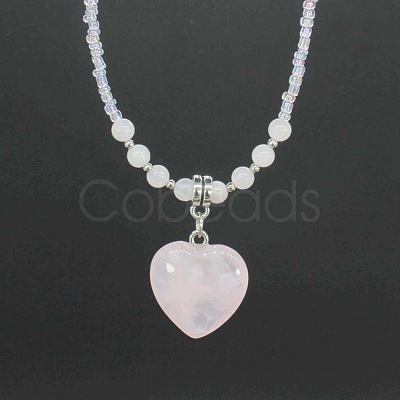 Natural Gemstone Heart Pendant Colorful Glass Seed Beads Beaded Necklaces for Women VA8487-2-1