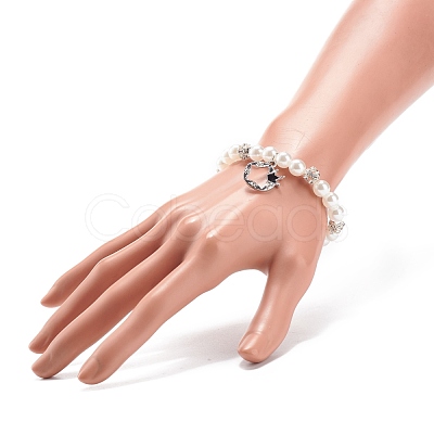 ABS Plastic Imitation Pearl & Rhinestone Beaded Stretch Bracelet with Alloy Charm for Women BJEW-JB08526-01-1