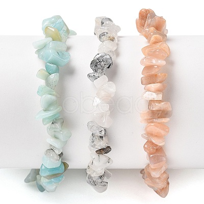 Chips Natural Rutilated Quartz & Flower Amazonite & Sunstone Beaded Stretch Bracelets Sets BJEW-JB05332-06-1