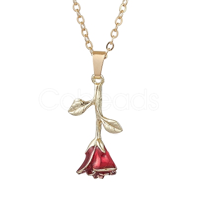 Valentine's Day Alloy Dark Red Enamel Rose Flower Pendant Necklaces NJEW-TA00183-1