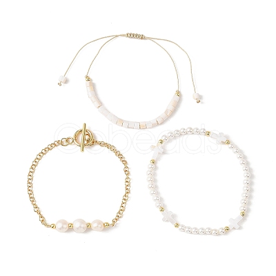 3Pcs 3 Styles Shell Pearl Beaded Stretch Bracelets & Brass Rolo Chains Bracelets & Natural Cultured Freshwater Pearl Beaded Braided Bead Bracelets for Women BJEW-JB12786-1