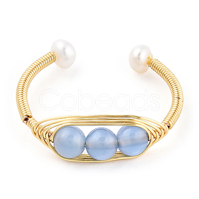 Natural Aquamarine Braided Oval Open Cuff Ring with Pearl Beaded RJEW-T026-11G-1