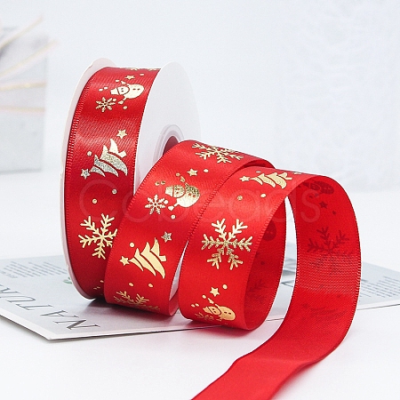 22M Flat Christmas Snowman Printed Polyester Satin Ribbons XMAS-PW0001-183P-1