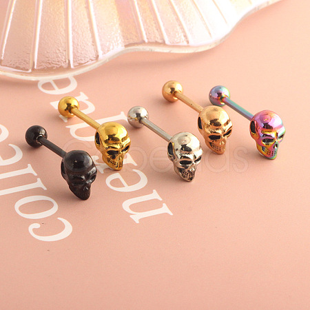 Skull 304 Stainless Steel Straight Barbell 15 Gauge Piercing Tongue Rings for Women Men FS-WG07D05-05-1
