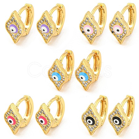 Rhombus with Evil Eye Golden Brass Hoop Earrings EJEW-L269-070G-1