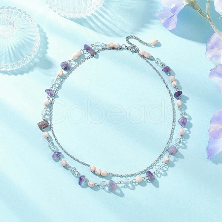 Natural Amethyst Chip & Glass & 304 Stainless Steel Handmade Link Chain Double Layer Necklaces for Women NJEW-JN05363-01-1
