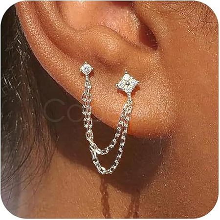 Brass Clear Cubic Zirconia Flower Tassel Stud Earrings FS-WG6AA9D-02-1