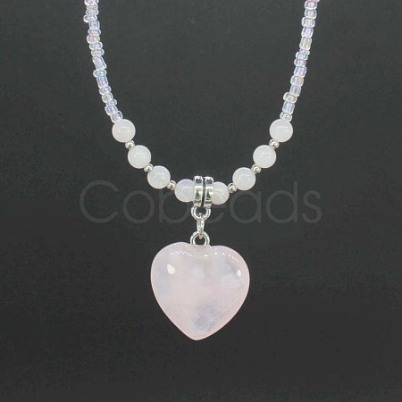 Natural Gemstone Heart Pendant Colorful Glass Seed Beads Beaded Necklaces for Women VA8487-2-1