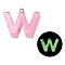 Luminous Resin Pendants, Glow in the Dark, with Platinum Plated Loop, Letter, Letter W, 23.5x28x5mm, Hole: 1.8mm