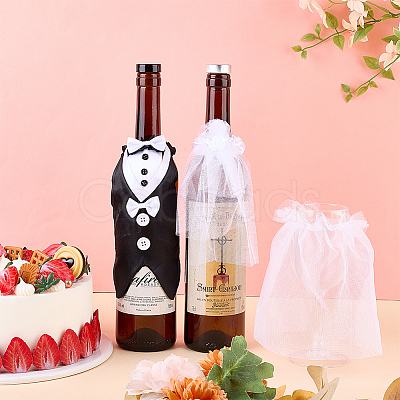 Organza & Cloth Bride and Groom Full Dress Wine Bottle Cover AJEW-DR0001-67-1