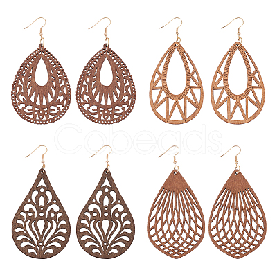 ANATTASOUL 4 Pairs 4 Styles Natural Wood Hollow Out Teardrop Dangle Earrings EJEW-AN0003-55-1