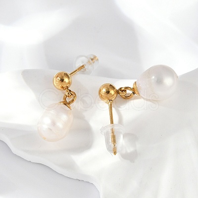304 Stainless Steel Natural Freshwater Pearl Dangle Stud Earrings EJEW-G423-20G-1