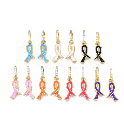 Awareness Ribbon Brass Micro Pave Clear Cubic Zirconia Huggie Hoop Earrings EJEW-Q023-001-NR-1