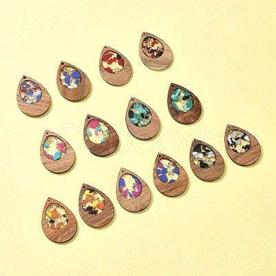 14Pcs 7 Colors Walnut Wood Resin Pendants WOOD-FS0001-31-1