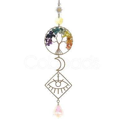 Natural Green Aventurine & Lapis Lazuli & Amethyst & Olive Jade & Topaz Jade & South Red Agate & Glass Tree of Life Suncatcher HJEW-TA00486-1