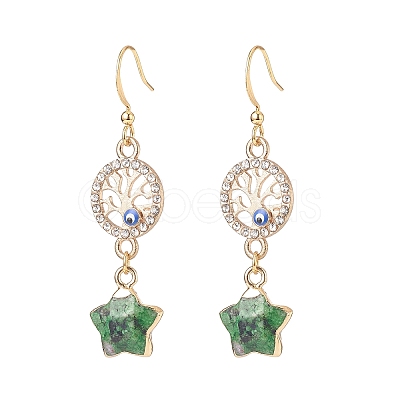 Natural Gemstone Star with Evil Eye Dangle Earrings EJEW-JE05069-1