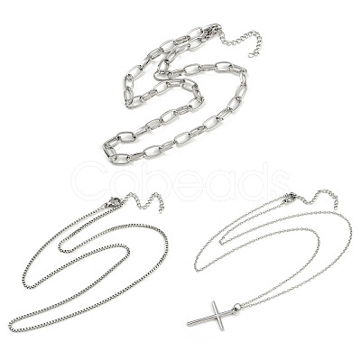 304 Stainless Steel Cross Pendant 3 Layer Necklaces for Women NJEW-F343-02P-1
