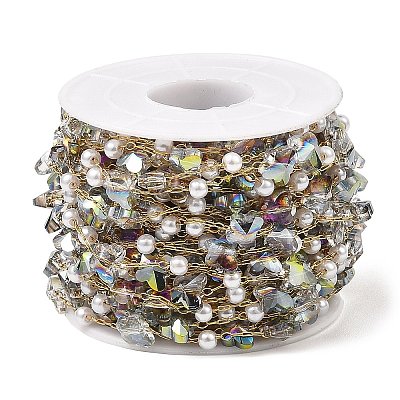 Butterfly Glass & ABS Plastic Pearl Beaded Link Chains CHS-G028-02G-01-1