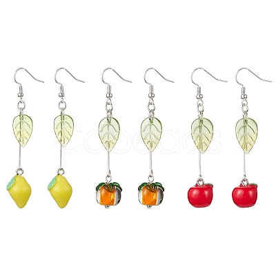 3 Pairs 3 Style Fruit Glass Dangle Earrings EJEW-TA00352-1