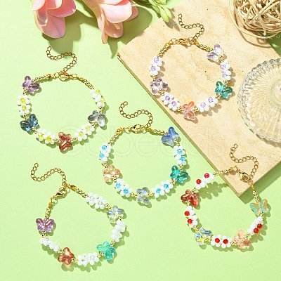 Flower & Butterfly Glass Beaded Bracelet with 304 Stainless Steel Clasps BJEW-JB09585-1