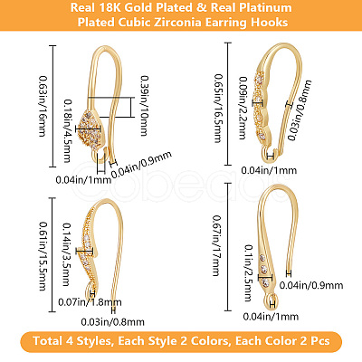 16Pcs 8 Style Brass Micro Pave Clear Cubic Zirconia Earring Hooks KK-BBC0012-30-1