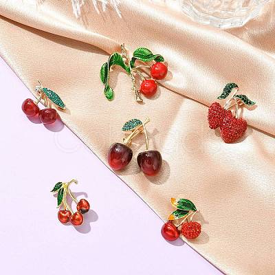6Pcs 6 Styles 3D Resin Cherry Brooch Pin with Rhinestone JEWB-CJ0001-32-1