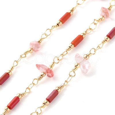 Handmade Brass & Synthetic Cherry Quartz Glass & Glass Tube Beaded Chain for Necklaces Bracelets Making CHC-F019-03G-1