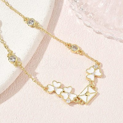 Brass Pave Clear Cubic Zirconia Clover Envelope Link Bracelets KK-CBA6980-18G-1