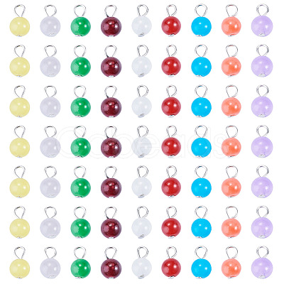 90Pcs 9 Colors Baking Paint Imitation Jade Glass Round Bead with Iron Pendants PALLOY-TAC0281-1
