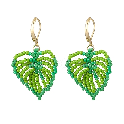 Leaf Handmade Glass Seed Beads Leverback Earrings EJEW-MZ00490-01-1