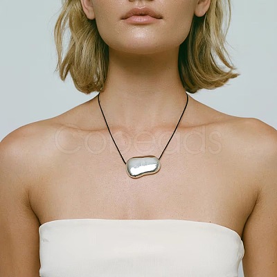 304 Stainless Steel Bean Pendant Adjustable Black Waxed Cord Necklaces for Women FS-WGC253F-01-1