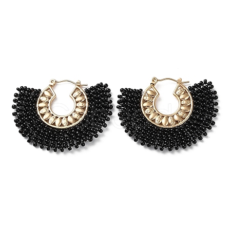 Woven Glass Beaded Half Round Hoop Earrings EJEW-A105-07G-1