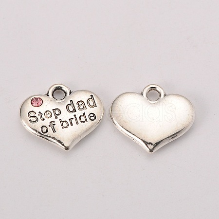 Wedding Theme Antique Silver Tone Tibetan Style Alloy Heart with Step Dad of Bride Rhinestone Charms TIBEP-N005-22A-1