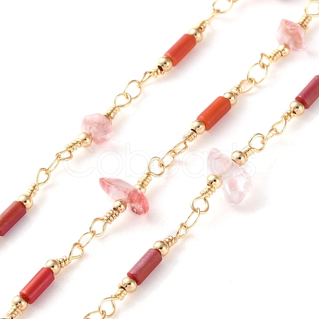 Handmade Brass & Synthetic Cherry Quartz Glass & Glass Tube Beaded Chain for Necklaces Bracelets Making CHC-F019-03G-1