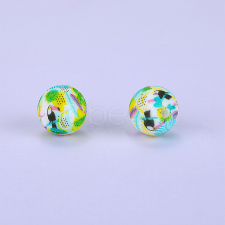 Printed Round with Bird Pattern Silicone Focal Beads SI-JX0056A-175-1