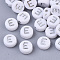 Plating Acrylic Beads, Silver Metal Enlaced, Horizontal Hole, Flat Round with Letter, White, Letter.E, 7x4mm, Hole: 1.2mm