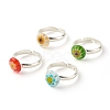 Flower Flat Round Millefiori Glass Adjustable Ring RJEW-JR00407-1