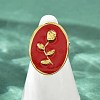 Oval with Rose Pattern 304 Stainless Steel Enamel Finger Rings for Women RJEW-G355-10G-02-3