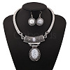 Oval Synthetic Turquoise Pendant Necklaces & Dangle Earrings Sets. Alloy Jewelry Sets FS-WGD3387-03-2